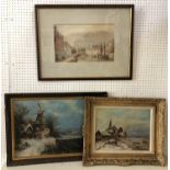 Three unsigned framed paintings (late 19th - early 20th century) to include: city harbour scene with