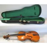 A small violin, in need of restoration, bearing no interior label with a single bow and case, 55cm x