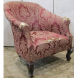 An Edwardian tub chair with swept and rolled arms, upholstered finish raised on shaped cabriole