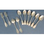 A selection of eight Victorian dessert spoons, a single silver fork and a further silver plated