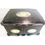 A Victorian ladies travelling toiletry/ jewellery box with four gilded perfume bottles arranged