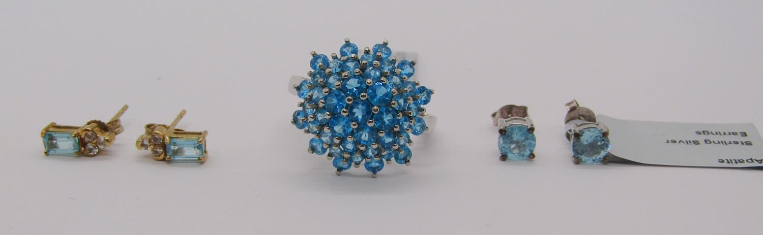 Group of apatite jewellery comprising a 9ct white gold cluster ring, pair of 9ct apatite and white