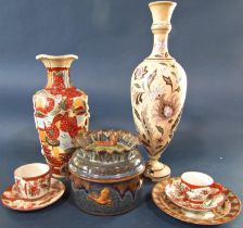 A collection of ceramics comprising a vase with Japanese character decoration in blue and orange