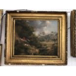 Hunting scene print on canvas in antique gilt frame, frame dimensions approx. 83 x 72 cm