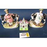 Two 19th century Staffordshire figures of a farmer and his wife, each with a cow beside a stream,