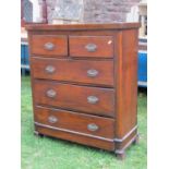 A Victorian walnut veneered on pine bedroom chest of two short over three long graduated drawers,