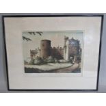 Five framed prints to include: 'Manorbier Castle', etching in colours, indistinctly signed lower