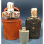 A brown leather clad hip flask with a silver plated top and toddy cup, another similar with a