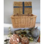 A miscellaneous collection of items including two copper vintage jelly moulds a sheep mould, a