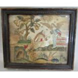 An intricate silk hand-embroidered biblical(?) scene with stump work pear tree, including fisherman,