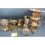 A varied selection of silver plated items including, a company shaped wine cooler, a Corinthian