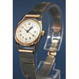 Ladies Manis 9ct gold wristwatch with 9ct gold strap, currently running, 25g total weight