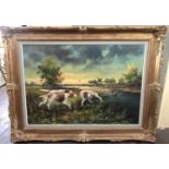 Hunting scene of pointers catching mallards, oil on canvas, indistinctly signed R. K. Ligton? 70 x