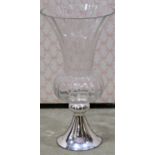Four modern glass fluted trumpet shaped vases with polished metal flared foot, 19 cm diameter x 36