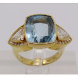 18ct aquamarine and trillion-cut diamond cluster cocktail ring, ring head 2.4cm W approx, size K/