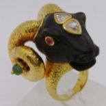 Unusual 18k ram's head statement ring, possibly representing Aries zodiac, set with two pear-cut