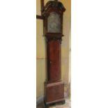 19th century Dutch longcase clock, with full length door, supporting the hood with shaped canopy,