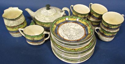 A Royal Doulton Deadwood Crackle tea service comprising teapot, milk jug, six cups, five saucers and