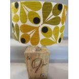 A Troika inspired pottery table lamp with an Orla Kiely shade. 54 cm