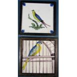 Two 18th century polychrome tiles showing a bird upon a bough, another within a cage 15cm square