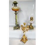 A marble column oil lamp conversion to an electric lamp, another brass conversion and a single