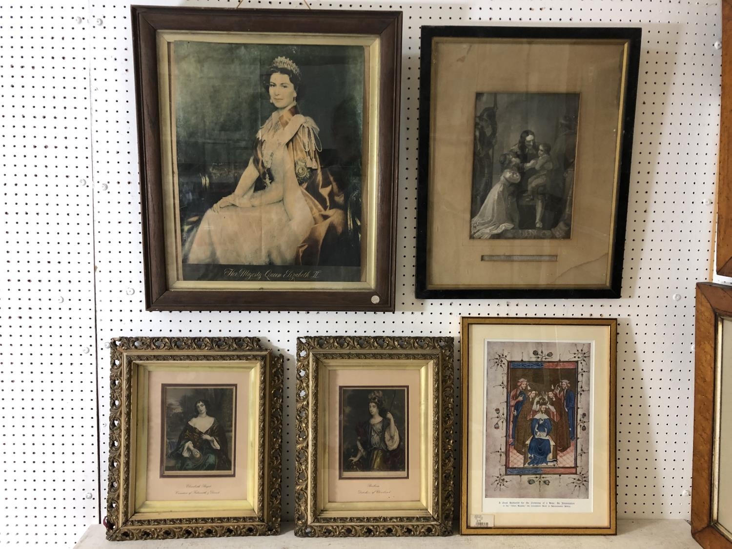 Five framed prints of royalty to include: 'Her Majesty Queen Elizabeth II', vintage offset print, 44