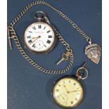 Two silver pocket watches both with enamel dials, together with a silver chain and fob