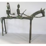 A bronze Mali Dogon horse with two warriors riding, 48cm wide x 39cm high