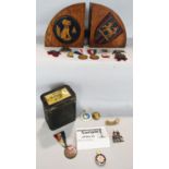 Regimental oak bookends of the Queens Royal Surrey Regiment, a box of related badges , buttons and