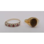 9ct tigers eye ring, size L and a further 9ct half hoop ring set with rubies, 3.8g total