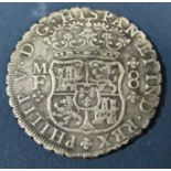 1736 Crown size 8 Reales silver coin, with certificate of origin recovered from the Dutch East India