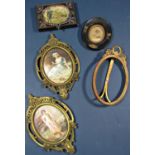 Five oval miniature portrait frames, three in gilt brass together with a 19th century French