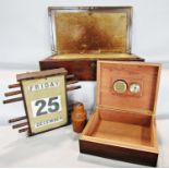 A rosewood humidor, a 19th century mahogany writing box, a desk top calendar and a screw top