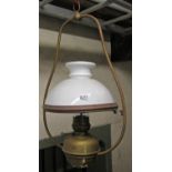 Victorian hanging oil lamp with brass frame and reservoir (complete with opaque glass shade)