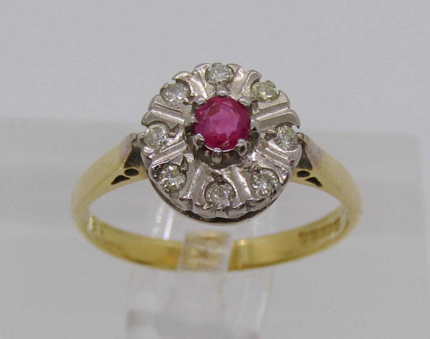 18ct ruby and diamond cluster ring, size N, 3.3g