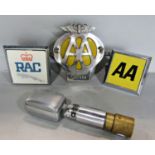 A chromium finished car badge with an eagle crest, a plainer late 20th century AA car badge, a RAC