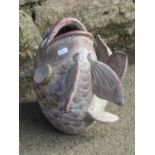 A terracotta water feature/fountain head in the form of a ornamental carp 28 cm high