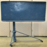 A vintage ironwork invalid /medical table with adjustable rectangular top (painted blue)