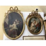 Two oleograph prints in ovular gilt frames with ribbon finials and one other frame to include: After