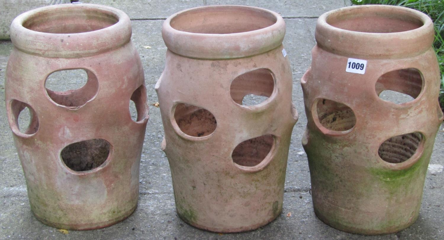 Three weathered terracotta baluster shaped strawberry planters with moulded collars, 36 cm high x 25