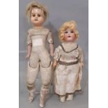 2 small early 20th century German dolls; one has bisque head marked 407.15/0 (indistinct), with