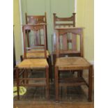 Four various arts and crafts side single chairs, three with rush seats, one with a solid seat