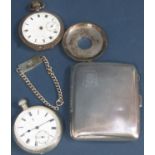 Silver half pocket watch (af) further silver pocket watch, silver cigarette case with engine