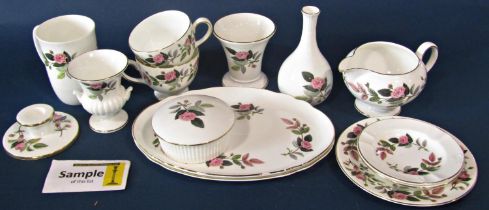 A collection of Wedgwood Hathaway Rose pattern tea wares for six, a pair of Staffordshire spaniels