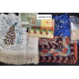 Mixed box of textiles including a woollen Liberty scarf, a fringed silk shawl, an embroidered