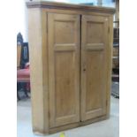 A 19th century stripped pine countrymade hanging corner cupboard enclosed by a pair of rectangular