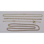 Group of 9ct chains; two necklaces and two bracelets, 10.7g (all af) (4)