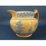 A large Doulton Lambeth jug with low relief decoration of a hunting scene in blue on a buff