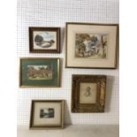 Five framed watercolour paintings (19/20th century) to include: Village scene with man and dog,