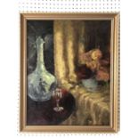 Still life of wine glass, decanter and flowers (20th century), oil on canvas, indistinctly signed '